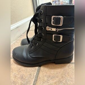 Girl Black Lace-Up Ankle Boots with Buckle Detail